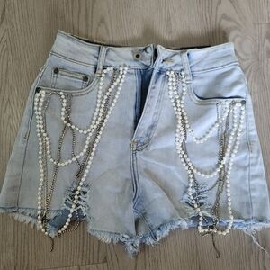 Fashion Nova Light Blue Jean Shorts with Pearl Chains